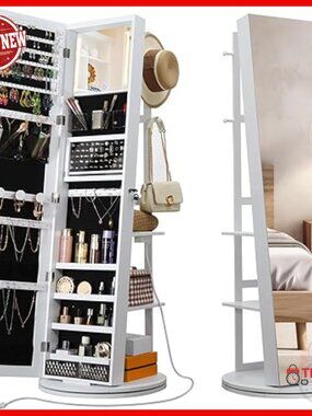 360° Swivel Jewelry Cabinet with Full-Length Mirror & Charging Station